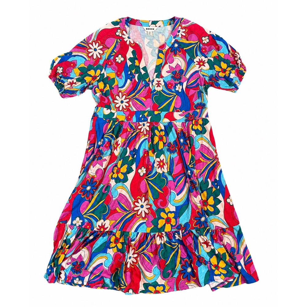 Boden Jersey Mini Dress Psychedelic Floral Womens 14L Multi Retro Mod - Picture 2 of 3